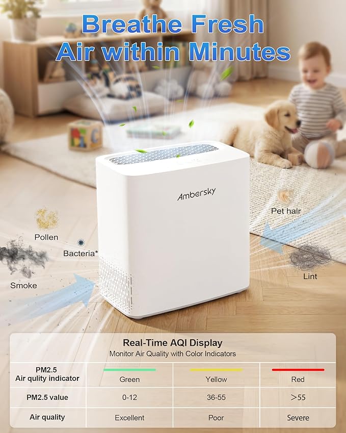 Ambersky Air Purifier for Home, True HEPA Air Cleaner Cover Up to 2000sq.ft with Real-Time Air Quality Sensor, Auto Mode, 23dB Sleep Mode, Pet Hair Dander Odor Smoke Dust Filter for Large Room