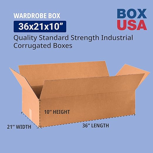 Box USA Wardrobe Boxes Flat 36"L x 21"W x 10"H 10-Pack - Corrugated Cardboard Box for Shipping, Mailing, Packing, Packaging and Storage
