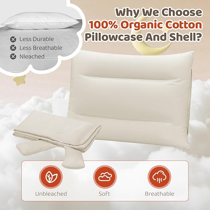 Organic Pillow with Cartoon Pillowcase -13x18 Adjustable Youth Pillow with Baffle Box, Kids Plilows with Cute Shell, Machine Washable, Perfect for Christmas, New Year's Day and Easter Gifts