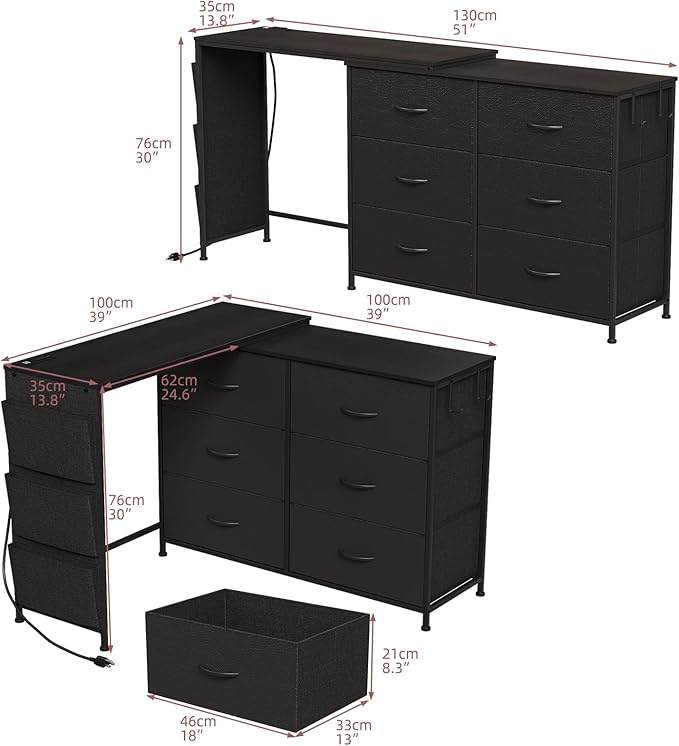 Simoretus Modern Corner Vanity Desk with 6 Fabric Drawers Power Outlet Side Pocket L Shaped Drawers Makeup Desk Dressing Table for Girls Women Bedroom (Black)