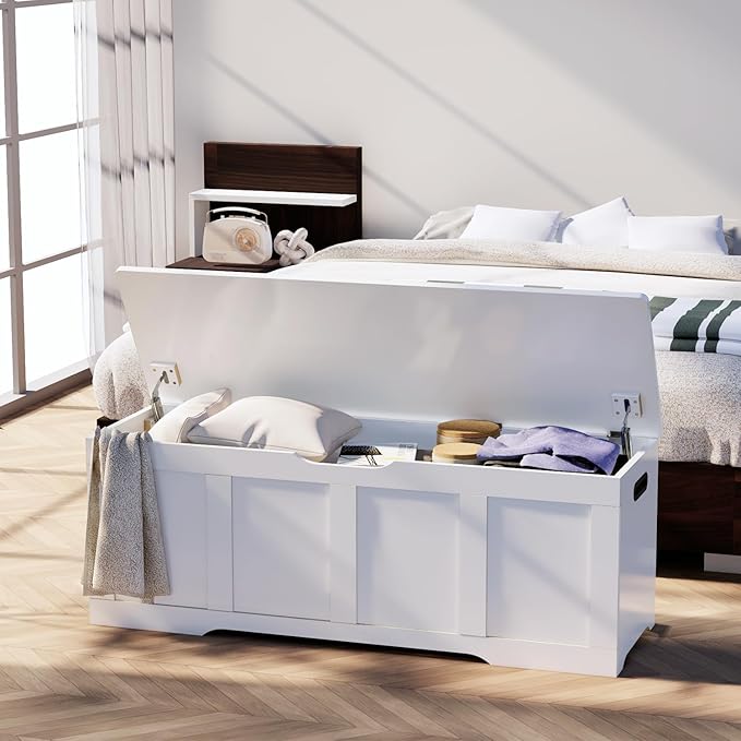 Timberer 47.2" Storage Chest, Extra Large Storage Trunk with 2 Safety Hinges, Wooden Storage Bench, Shoe Bench, Entryway Bench for Living Room, Bedroom, White