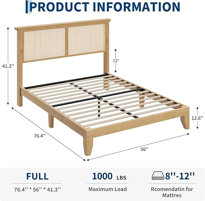 GAOMON Full Rattan Bed Frame with Natural Rattan Headboard, Full Size Platform Bed Frame with LED Lights, Mattress Foundation, Noise-Free, No Box Spring Needed