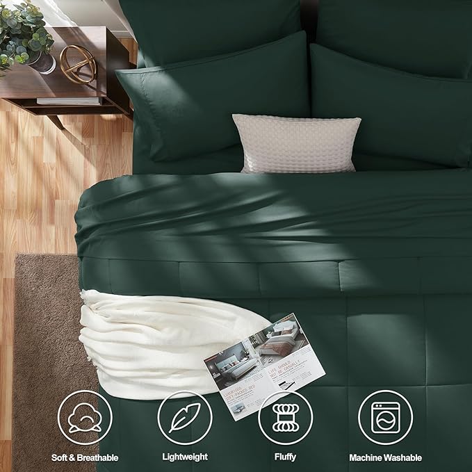CozyLux Queen Comforter Set Forest Green, 7 Pieces Bed in a Bag, Green Comforters Queen Size, All Season Bedding Sets with Stitch Quilted Comforter, Flat Sheet, Fitted Sheet, Pillowcases