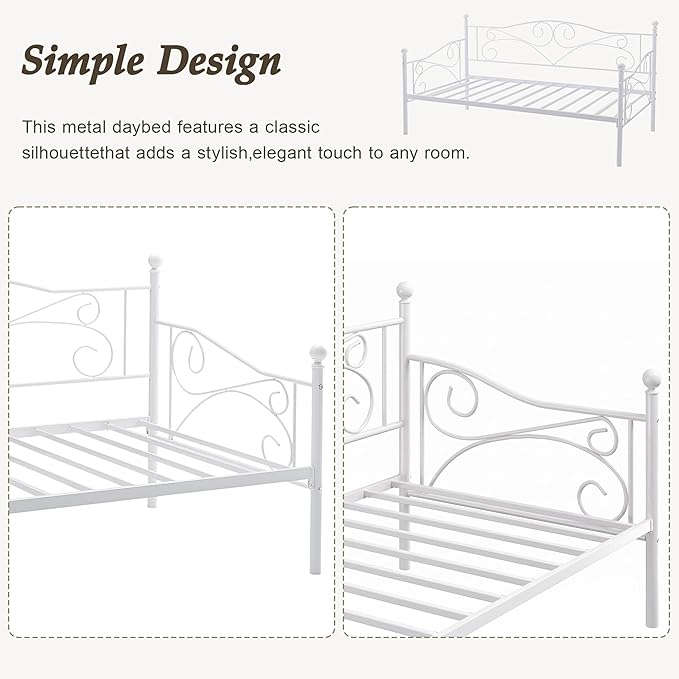 VECELO Daybed Frame, Twin Size Metal Platform Bed with Headboard,Heavy Duty Steel Slats Support for Living Room Bedroom Guest Room, Easy Assembly