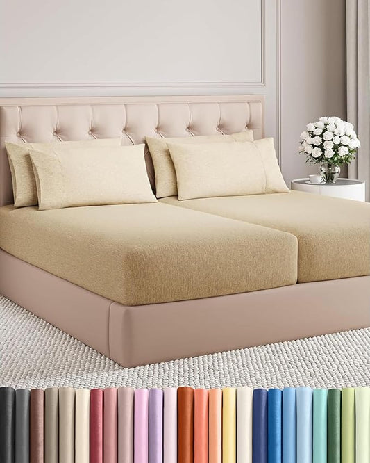 Split King 7 Piece Sheet Set - Comfy, Breathable & Cooling - Soft Hotel Luxury Bedding for Women, Men, Kids, Teens & Children - 1 Flat & 2 Fitted Sheets & 4 Pillowcases w/ Deep Pockets - Heathered Tan
