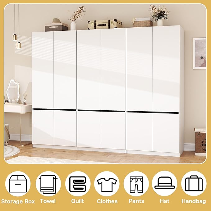 White Armoire Wardrobe Closet: 74" Wooden Wardrobe Closet with 6 Doors, Bedroom Armoires with Hanging Rod, Tall Closets Cabinet for Hanging Clothes (94.5")