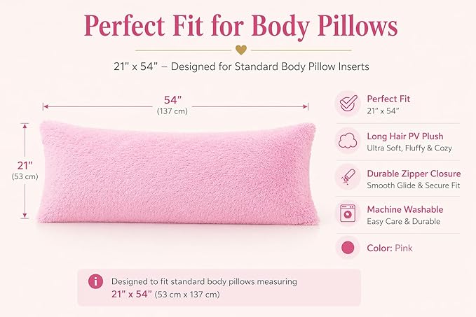 Reafort Luxury Faux Fur Body Pillow Cover 21" x 54", Long Hair PV Plush Body Pillow Case with Hidden Zipper Closure, Ultra Soft Fluffy Decorative Long Pillow Cover (Pink, Body)