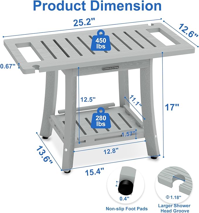 KingPavonini HDPS Shower Benches for Inside Shower to Sit on, Waterproof Shower Stool for Shaving Legs, Heavy Duty 450LBS Shower Seat with Storage Shelf, Shower Chair for Bathroom/Indoor/Outdoor Use