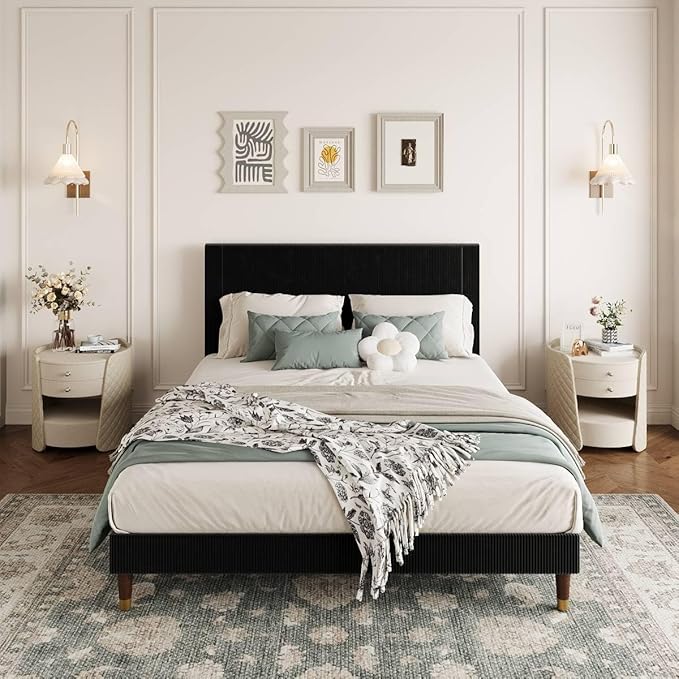 GarveeHome Queen Size Bed Frame with Upholstered Headboard and Strong Wooden Slats Support, Soft Corduroy Fabric Platform Bed, No Boxing Spring Needed, Easy Assembly, Black