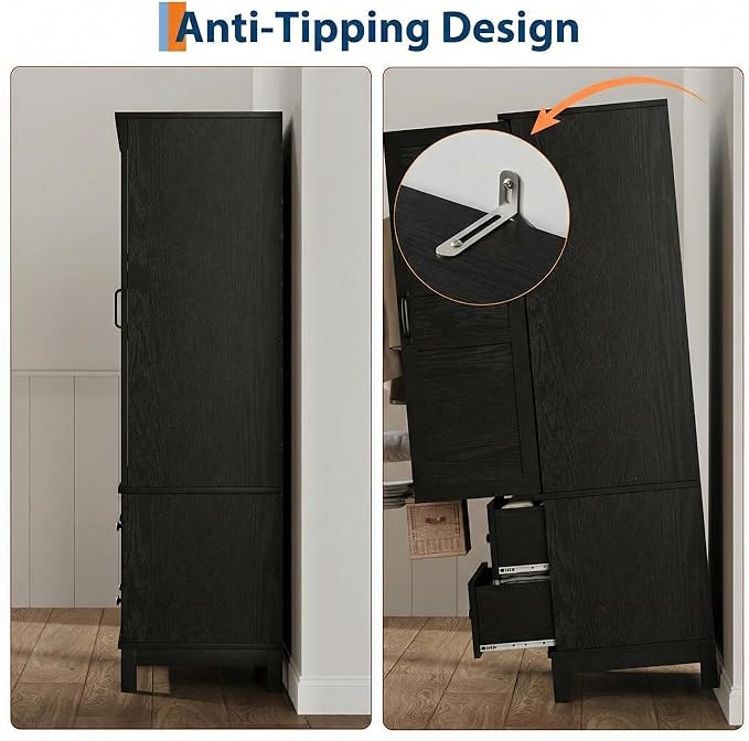 IDEALHOUSE Armoire Wardrobe Closet with 2 Drawers, 72" Tall Wooden Clothing Wardrobe with Hanging Rod & DIY Adjustable Shelf, Heavy Duty Bedroom Armoire Storage Cabinet with Doors, Rustic Black