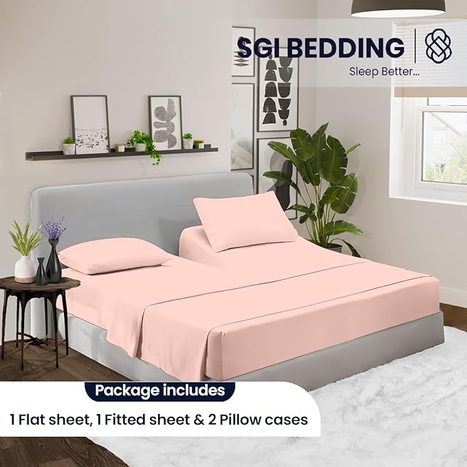 SGI bedding 28" Queen Split Top Flex Head Sheet 100% Egyptian Cotton 1000 Thread Count Flex Top Sheet for Adjustable Bed 4Pc Sheet Set 15" Deep Pocket for Sleep Number Bed - Peach