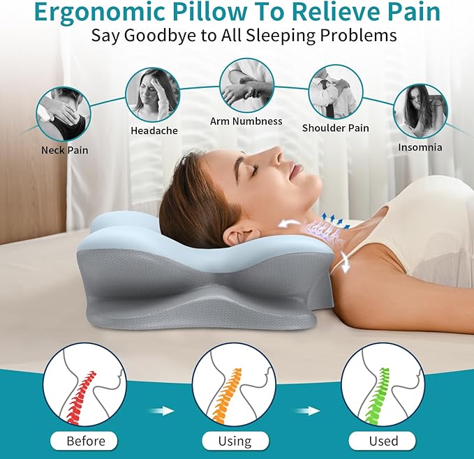 Besyodo Cervical Neck Pillow for Pain Relief - Ergonomic Side Sleeper Pillow for Neck Support, Cooling Memory Foam Pillows for Sleeping, Contour Pillow Orthopedic Bed Pillow for Back Stomach Sleepers