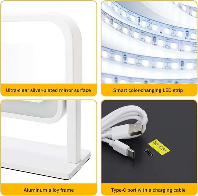 Vanity Mirror with Lights, 14"×12" LED Makeup Mirror, HD Professional Mirror, 10X Magnification, Smart Touch with 3-Color Lighting, Dimmable, 360° Rotation, Lighted Up for Makeup Desk, Bedroom (White)