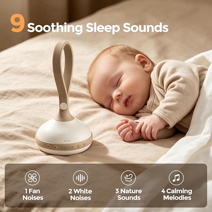 EVOCELER Portable White Noise Sound Machine for Baby Adult with 9 Soothing Sound Memory Function, 64h Powerful Battery for Home Travel Office, Toddler Lock, Reinforced Clip, Baby Registry Gift White