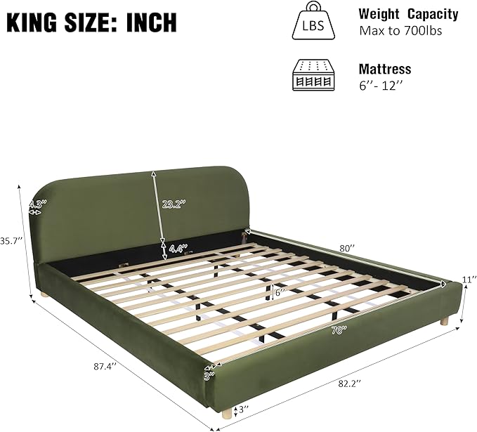 Merax King Size Teddy Fleece Thick Fabric Upholstered Platform Bed with Curved Shaped Headboard, Wood Bed Frame with Solid Round Legs for Kids Teens Adults, Olive Green