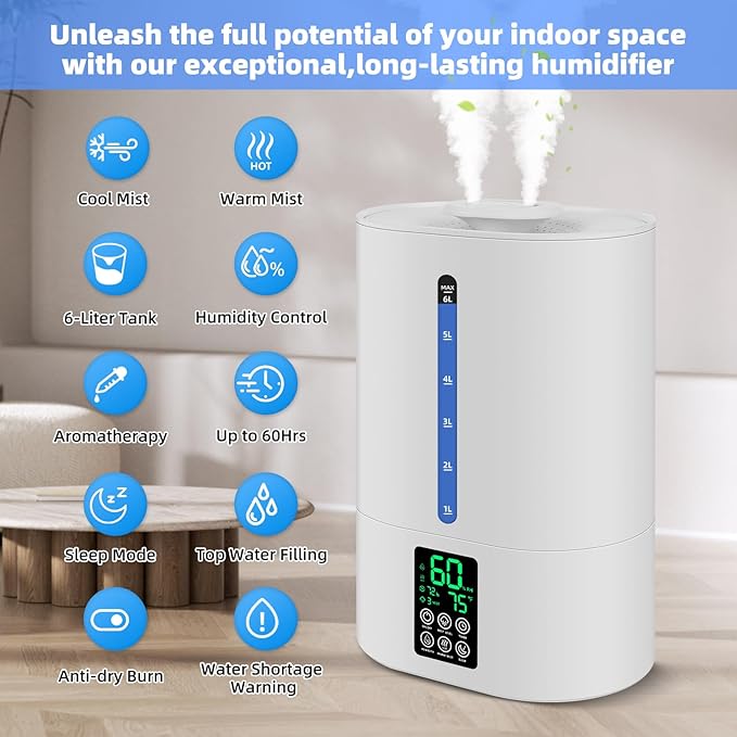 6L Humidifiers for Bedroom Large Room Home, Cool and Warm Humidifier for Baby and Plants Mist Top Fill Desk Humidifiers Essential Oil Diffuser, Quiet with Adjustable Mist,360°Nozzle-White