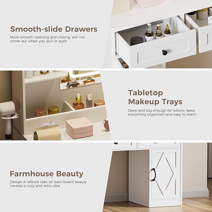 COMHOMA Makeup Vanity Desk with Mirror and Lights, Large Vanity Table with 6 Drawers & 1 Storage Cabinet, White Bedroom Dressing Table for Girls, 3 Color Modes Adjustable Mirror, White