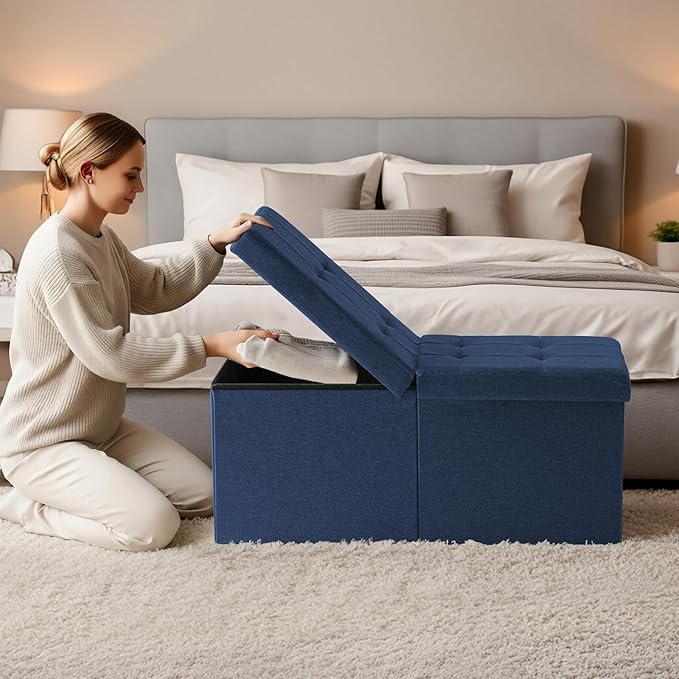 30-INCH Storage Ottoman Bench, Footrest with Storage, End of Bed Bench Coffee Table for Living Room, Bedroom, Entryway, Blue