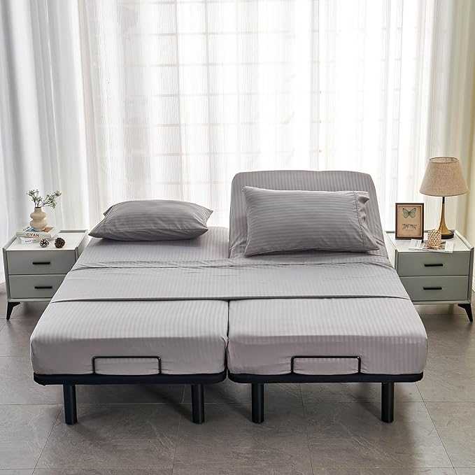 Kingnex Striped Split King Sheets Sets for Adjustable Bed with Deep Pocket Ultra Soft 1800 Brushed Microfiber 5 Pieces Include 2 Twin XL 39x80 Fitted Sheets 1 Flat Sheet 2 King Size Pillowcases Grey