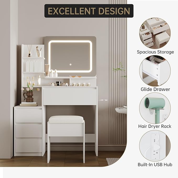 GarveeHome Makeup Vanity with Mirror and Lights, 36-Inch Vanity Desk, 4 Large Drawers Dresser, 3 Lighting Modes, Stool & Charging Station, Modern Vanity Table for Bedroom, Women,