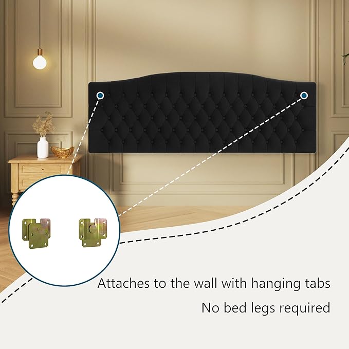 Furpopup Velvet Upholstered Headboard King/Cal King Size Latest Model Wall Mount, Bed Frame Mount, Featuring High-Density Sponge Padding, Luxury Texture Easy Assembly Comfort and Style-Black