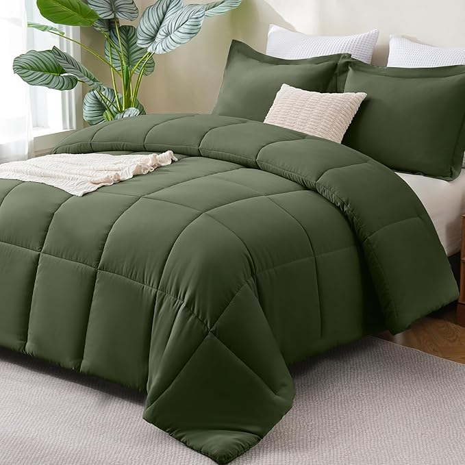 CozyLux Oversized Queen Comforter Set, 270GSM Olive Green Bedding Sets for All Seasons, 3 Pieces 98x98 Bed Set with 1 Down Alternative Comforter and 2 Pillow Shams, Soft, Lightweight, Breathable