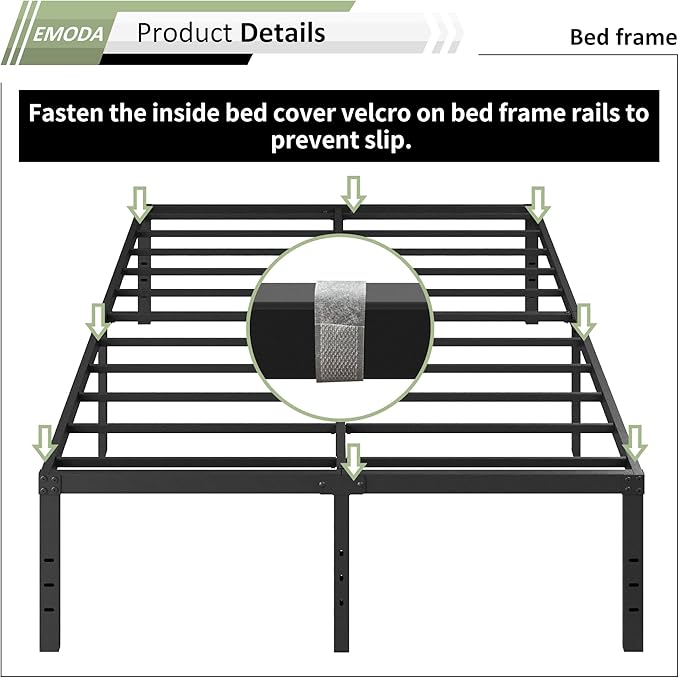 EMODA Queen Bed Frame with White Cover No Box Spring Needed, 18 Inch Heavy Duty Metal Platform BedFrame Queen Size with Steel Slats, Easy Assembly