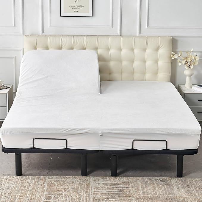 Kingnex Waterproof Partial Split Top Cal King Mattress Protector for Adjustable Bed with 28-30" Upper Flex Head Noiseless Soft Bamboo Viscose Terry Fitted Mattress Cover