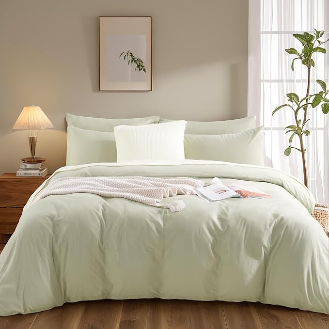 NEXHOME PRO Duvet Cover Set California King Linen Feel Textured Organic Natural 100% Washed Cotton Duvet Cover 3 Pieces Bedding Set Zipper Closure, Breathable, Soft, Mint Green (No Comforter)