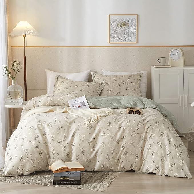 VM VOUGEMARKET Cotton Duvet Cover Set King,Grey Green Flower Duvet Cover Matching 2 Pillow Shams,Aesthetic Garden Style Bedding Set for Girls Women- 104"x90",Grey Green