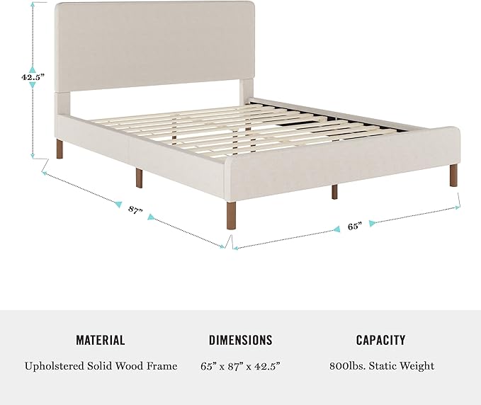 Martha Stewart Britta Platform Bed with Headboard & Footboard, Faux Linen Upholstery with Piping Detail, Rounded Headboard, No Box Spring Needed, Queen, Beige