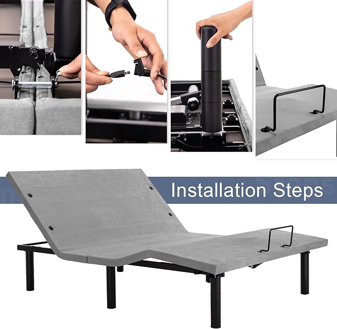 Fromann Adjustable Electric Queen Bed Base Frame with Massage, USB Type-C Ports, Zero Gravity, Under Bed Led Lighting and Three Leg Height (Grey)