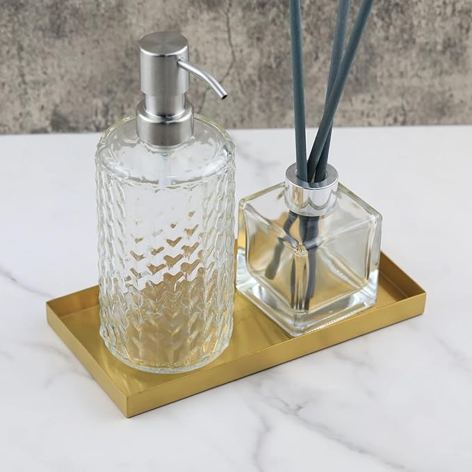Freelove Sanding Gold Metal Vanity Tray Lettering, Perfume Organizer Jewelry Holder Makeup Dish Catchall Candle Plate Decorative for Dresser Counter Bathroom Desk Home Preppy Room Decor, 4''X8''