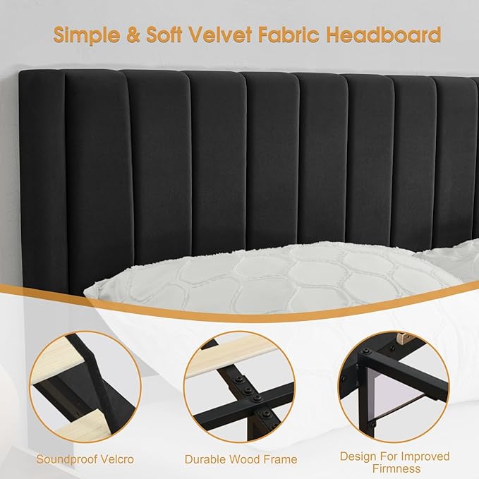 Queen Bed Frame Upholstered Platform,Queen Size Bed Frame with Velvet Headboard,Non-Slip and Noise-Free/Wooden Slats Support/No Box Spring Needed/Easy Assembly/Mattress Foundation Black (Black, Queen)