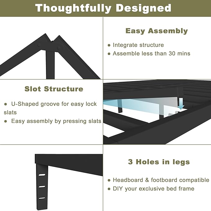 ITIMIDI 12 Inch Twin Bed Frames, Twin Size Bed Frames, Safety Design with Rounded Corner Legs, DIY Headboard Hole, Heavy Duty Platform Support Up to 3500 lbs, No Box Spring Needed, Noise Free, Black