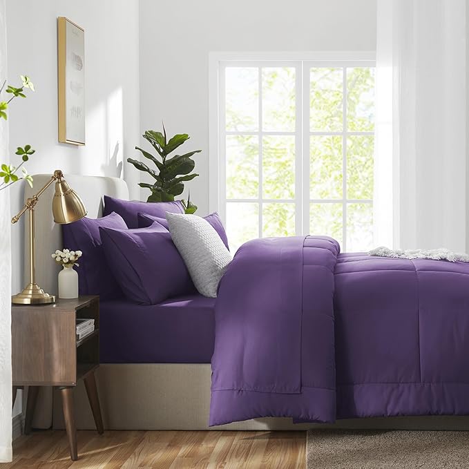 CozyLux Queen Comforter Set Purple, 7 Pieces Bed in a Bag, Purple Comforters Queen Size, All Season Bedding Sets with Stitch Quilted Comforter, Flat Sheet, Fitted Sheet, Pillowcases
