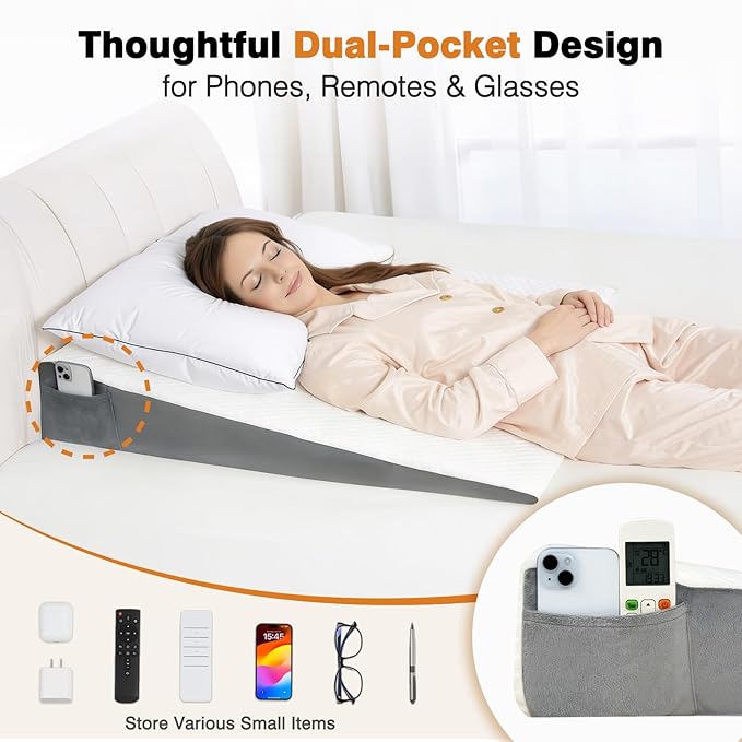 Vekkia 34" Extra-Long Wedge Pillow, Back & Arm Support, Bed Wedge Pillow for Sleeping After Surgery, Acid Reflux, Snoring Relief, Removable Washable Cover & Double Side Pockets, 5.5" Height, White