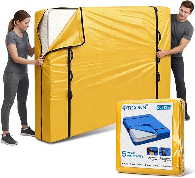 TICONN Mattress Bags for Moving, Heavy Duty Cali King Mattress Cover Storage Bag with Full-Around Handle and Adjustable Buckles (Yellow, Cali King)