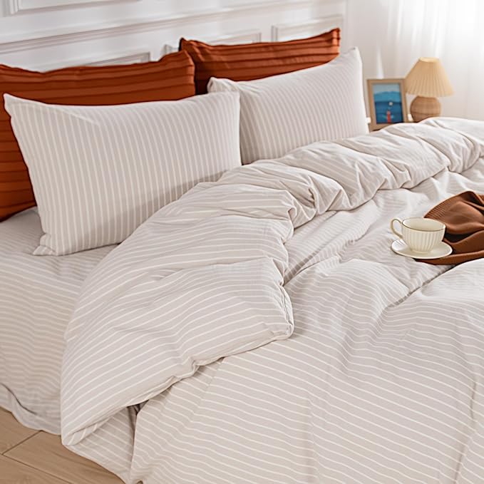 NEXHOME PRO Striped Duvet Cover Full Size,100% Washed Cotton Bedding Set,Textured Linen Feel,Breathable,Organic,3 Piece(White Stripes 80x90)