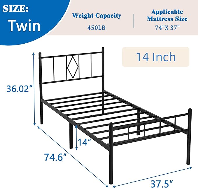 FONTOI Twin Size Bed Frame, 14 Inch Metal Platform Bed with Iron-Art Headboard & Footboard, Max 3500lbs Metal Slat Support, Classic Bed Frame with Under Bed Storage & No Box Spring Needed, Black