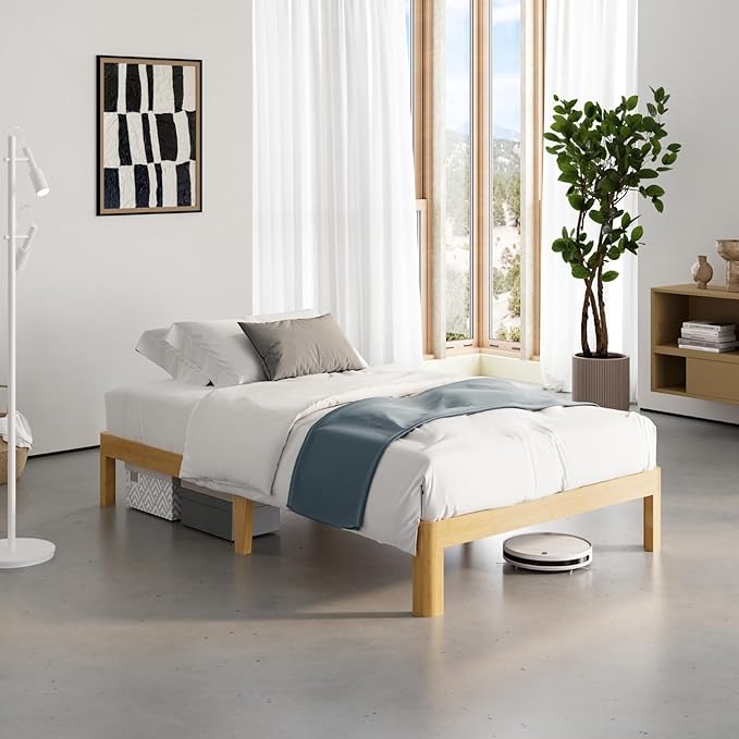 10 Inch High Bamboo Wood Twin XL Bed Frame Platform, Metal Slat Support XL Twin Bed Frame, No Box Spring Needed, Easy Assembly, Noise Free, Reinforced