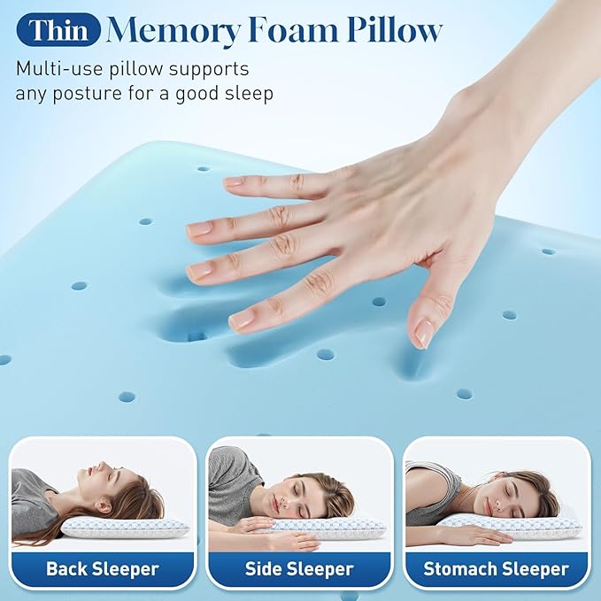 CloudBliss Ultra Slim 3.3” Pillows for Side | Back | Stomach Sleepers, Memory Foam Flat Pillow, Low Profile Sleeper Pillows with Double Sided Comfortable Breathable Pillow Cover, Standard