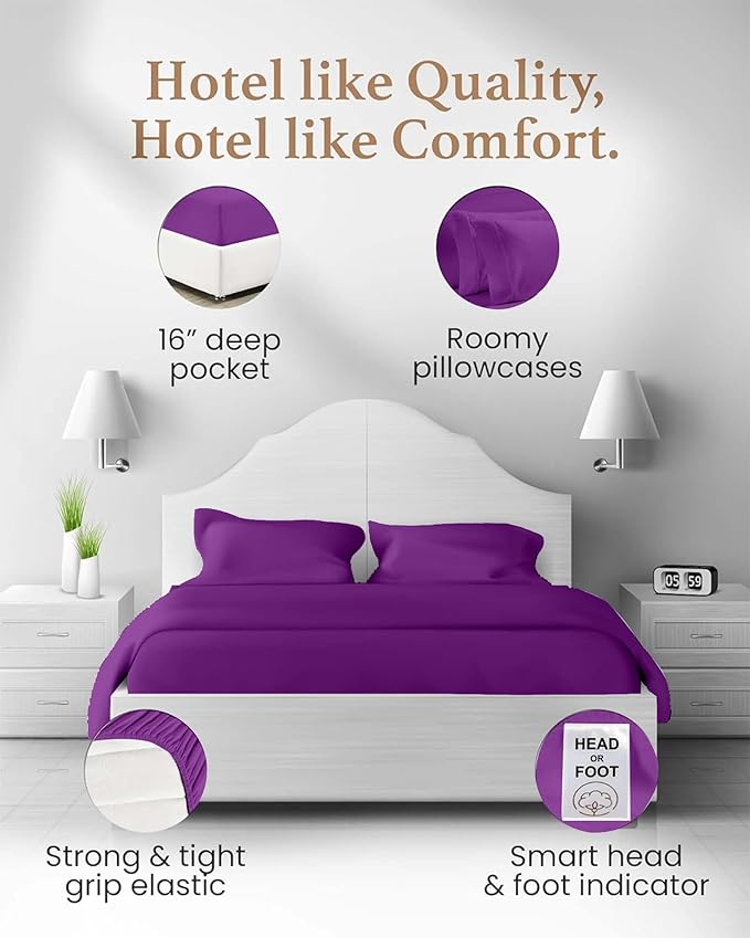 Good Sleep Bedding 100% Egyptian Cotton Sheets King Size, 4 Piece Silky Sateen Weave King Sheets, Ultra-Soft & Durable Hotel Luxury, 16 Inch Deep Pocket King Sheet Set - Purple