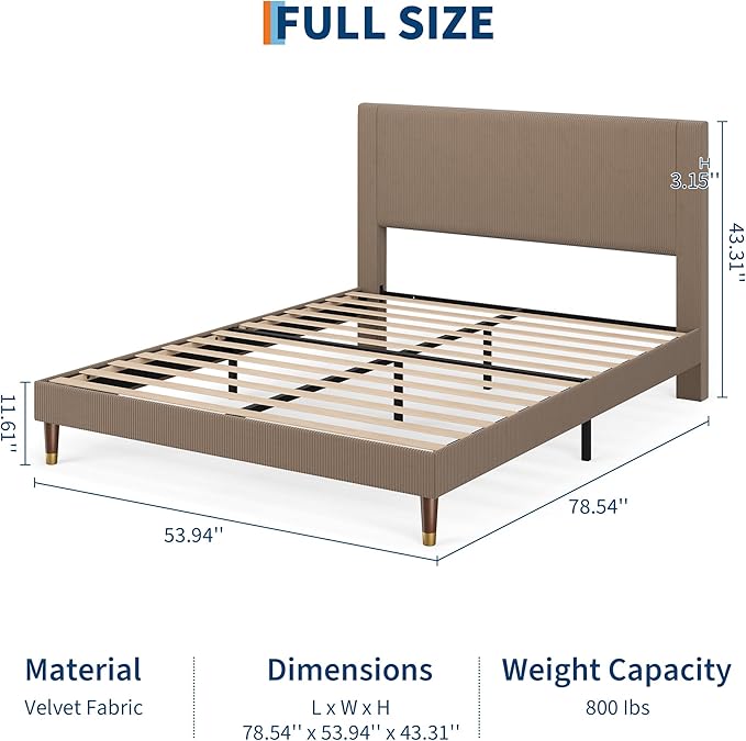 GarveeHome Full Size Bed Frame with Upholstered Headboard and Strong Wooden Slats Support, Soft Corduroy Fabric Platform Bed, No Boxing Spring Needed, Easy Assembly, Brown