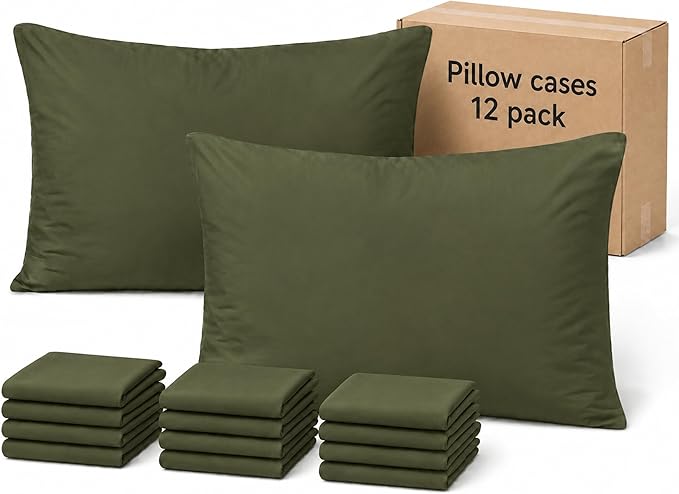 ZPECC Pillow Cases Standard Size Set of 12, 20x26 Envelope Closure Pillowcases, Soft Plain Brushed Microfiber Covers Hypoallergenic Breathable, Olive Green