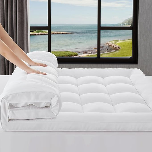 2~3In Mattress Topper Queen for Back Pain Relief, Add Cushion for Firm Mattresses, Better Sleep - Cooling Cloud-Like Comfort Extra Fluffy Layer, RV Mattress Pillow Top, 8-21" Deep Pocket