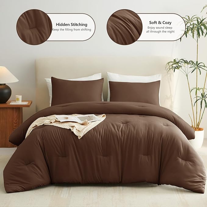 CozyLux Queen Comforter Set Brown, 3 Pieces Solid Comforters Queen Size Breathable Quilted Bedding Sets, Luxury Soft Lightweight Bed Set with Down Alternative Comforter and 2 Pillowcases All Seasons