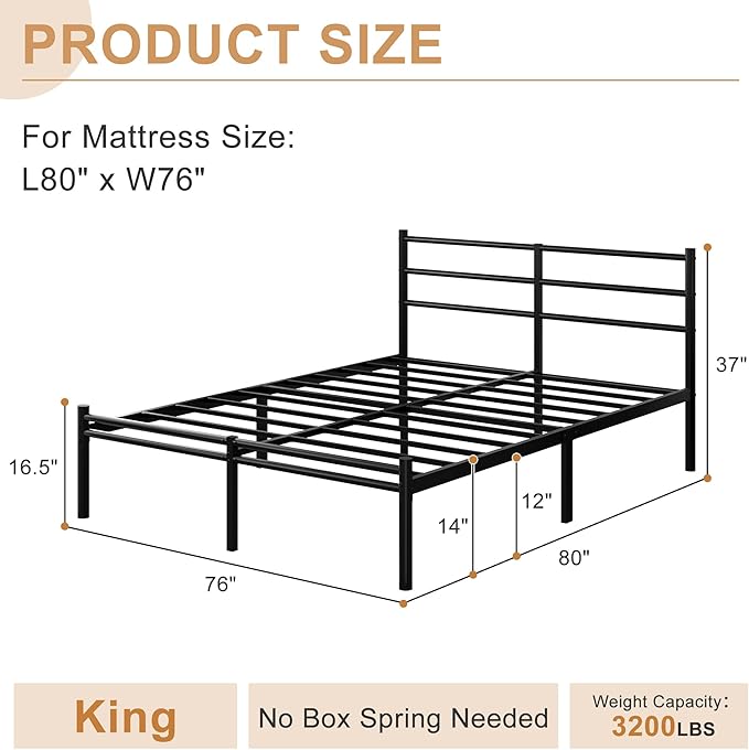 Yicensen King Size Bed Frame with Headboard and Footboard, 14 Inch Metal Platform King Bed Frame with Steel Slat Support, No Box Spring Needed, Noise Free, Easy Assembly, Black