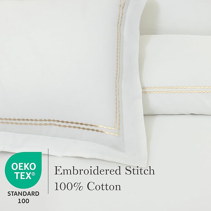 Dreamology White Duvet Cover Luxury Hotel Quality Bedding Set 100% Cotton Embroidered Duvet Covers with 2 Pillow Shams Hypoallergenic Zipper Closure 3 Pieces Duvet Set (Gold T-200, Full)