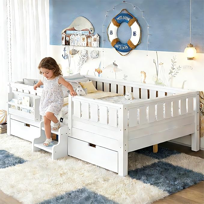 Bellemave Full Size Bed Frame with Storage Drawers & Bookshelf, Low Profile Kids Bed with Staircase & Full Length Guardrails, Solid Wood Full Size Bed Frame Kids with Slats Load 450 LBS, White